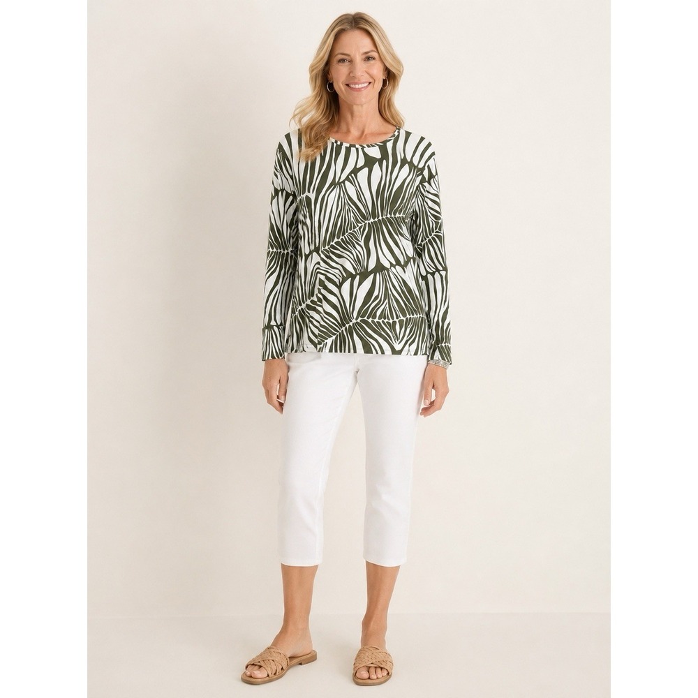Chico's XL Green White Tropical Leaf Print Long Sleeve Blouse Stretch Top